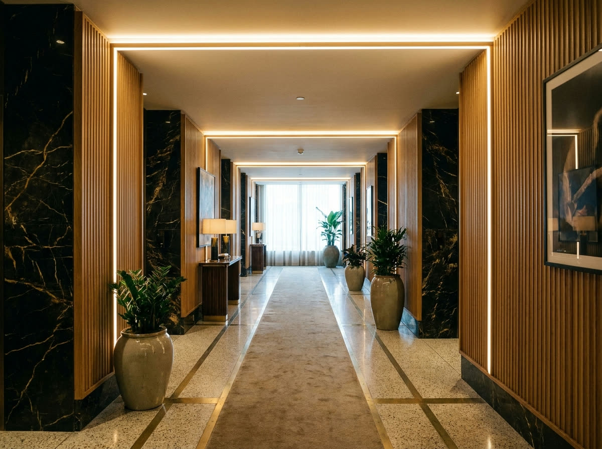 Perfil de LED em corredor e hall comercial