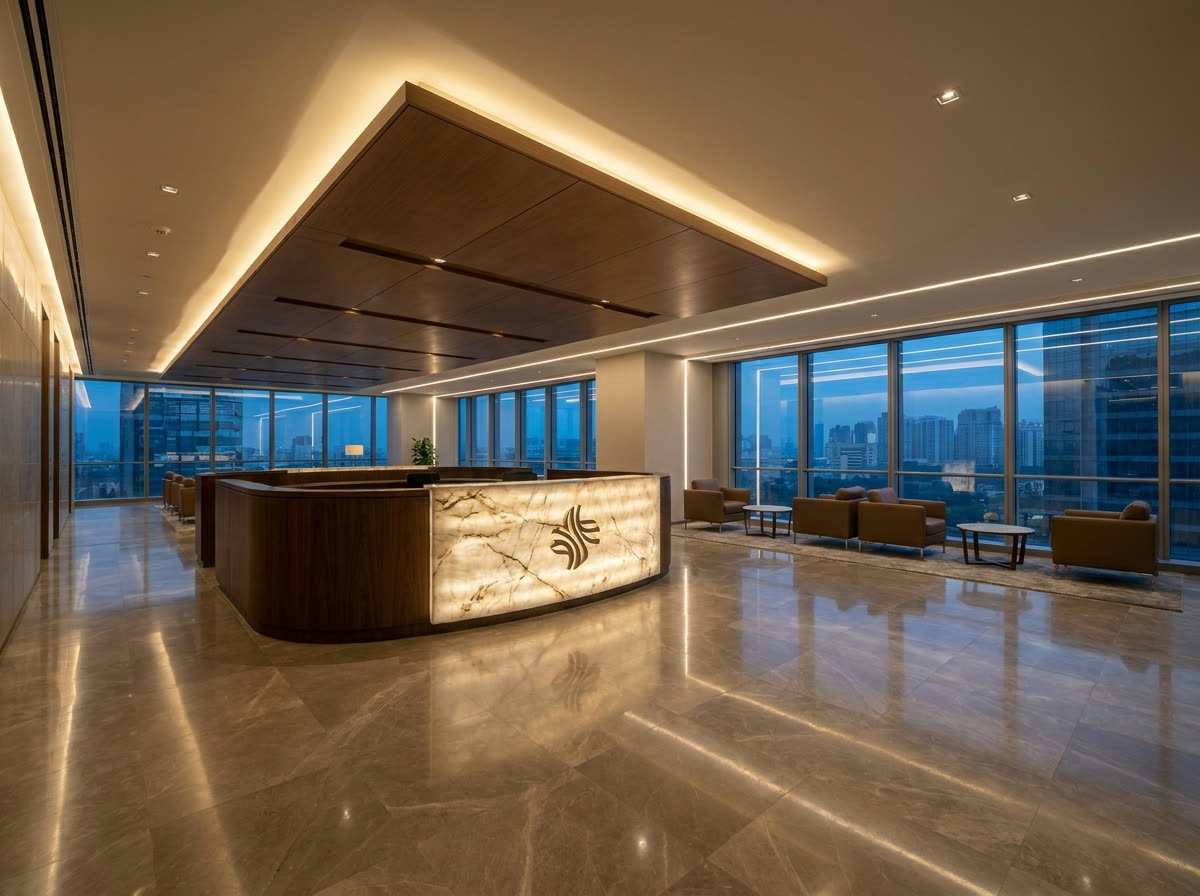 Perfil de LED em recepção e lobby comercial