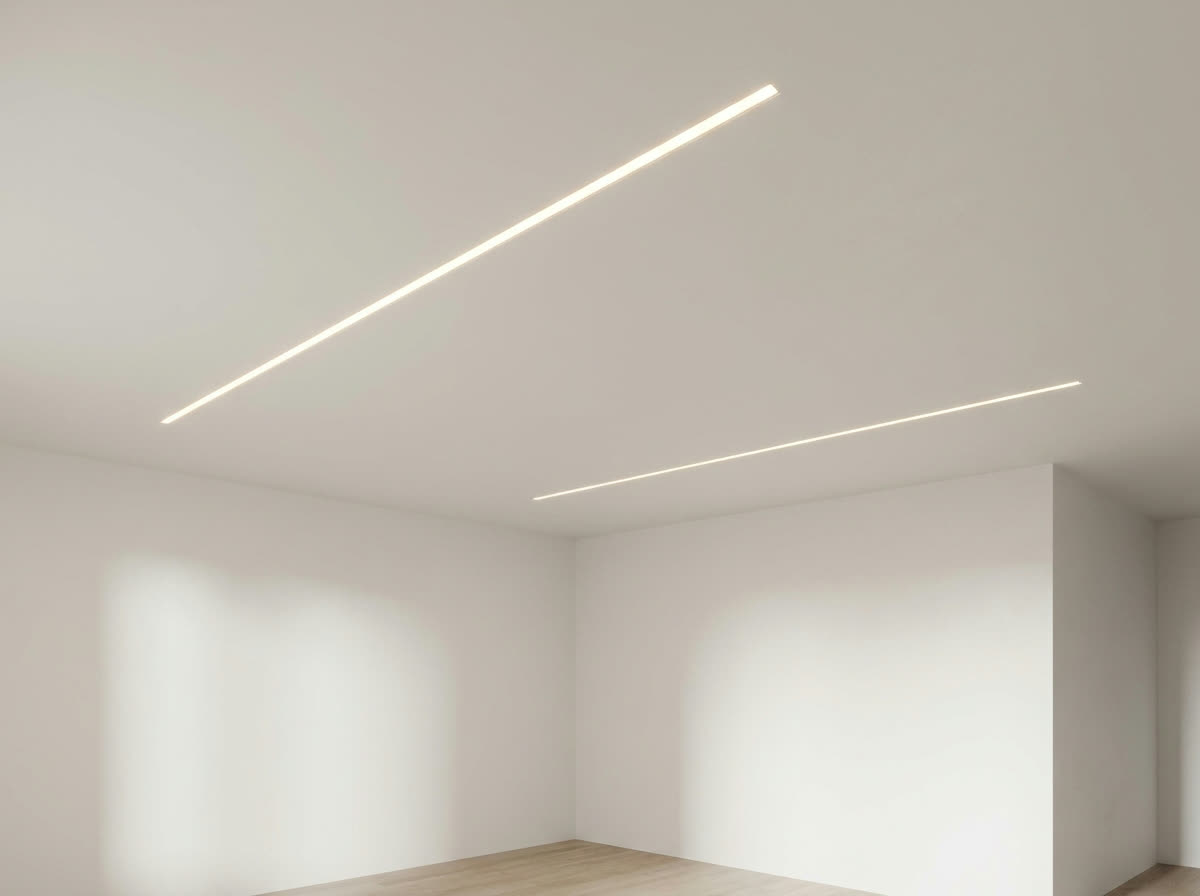 Perfil de LED branco aceso: luz quente contínua, sem pontilhado